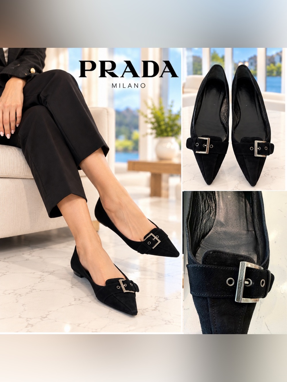 Prada Black Suede Pointed-Toe Flats with Logo Buckles